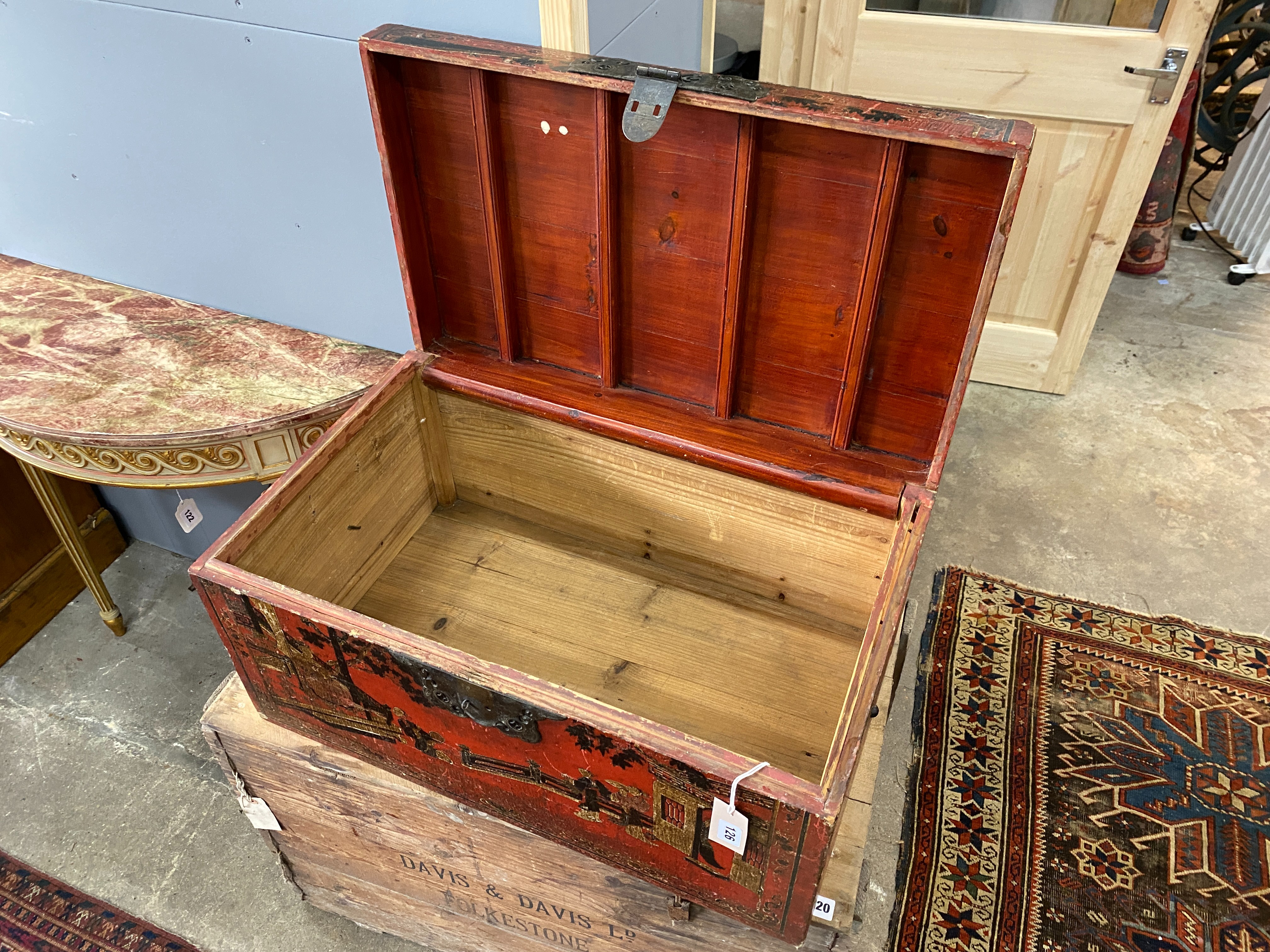 A Chinese scarlet lacquer box, length 70cm, depth 43cm, height 34cm